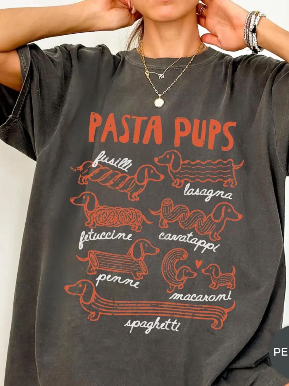 Comfort Colors Pepper Tee with Rust Pasta Pups Graphic